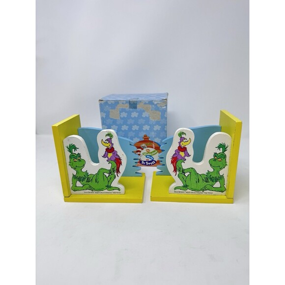 Vintage Dr. Seuss The Grinch & Bird Wood Bookends Set Child Reading Book Storage - Picture 1 of 10